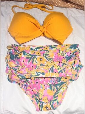 Yellow Underwire Bikini Top (36D) with Floral High-Waist Bottoms (Large).